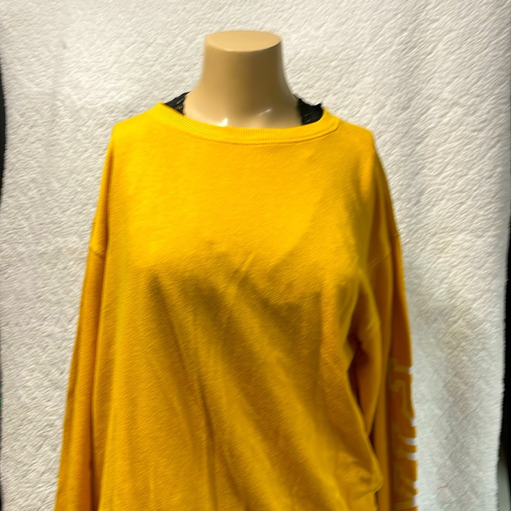Mustard yellow, lightweight sweatshirt from PINK with PINK on both arms